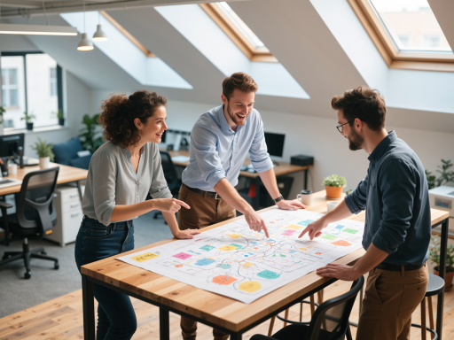 公司团队工作场景，年轻开发者们围坐讨论游戏设计，明亮办公室环境，充满创意氛围